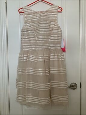 NWT Betsey Johnson Ivory Sequin Stripe Tulle Fit & Flare Dress US 10 Cocktail